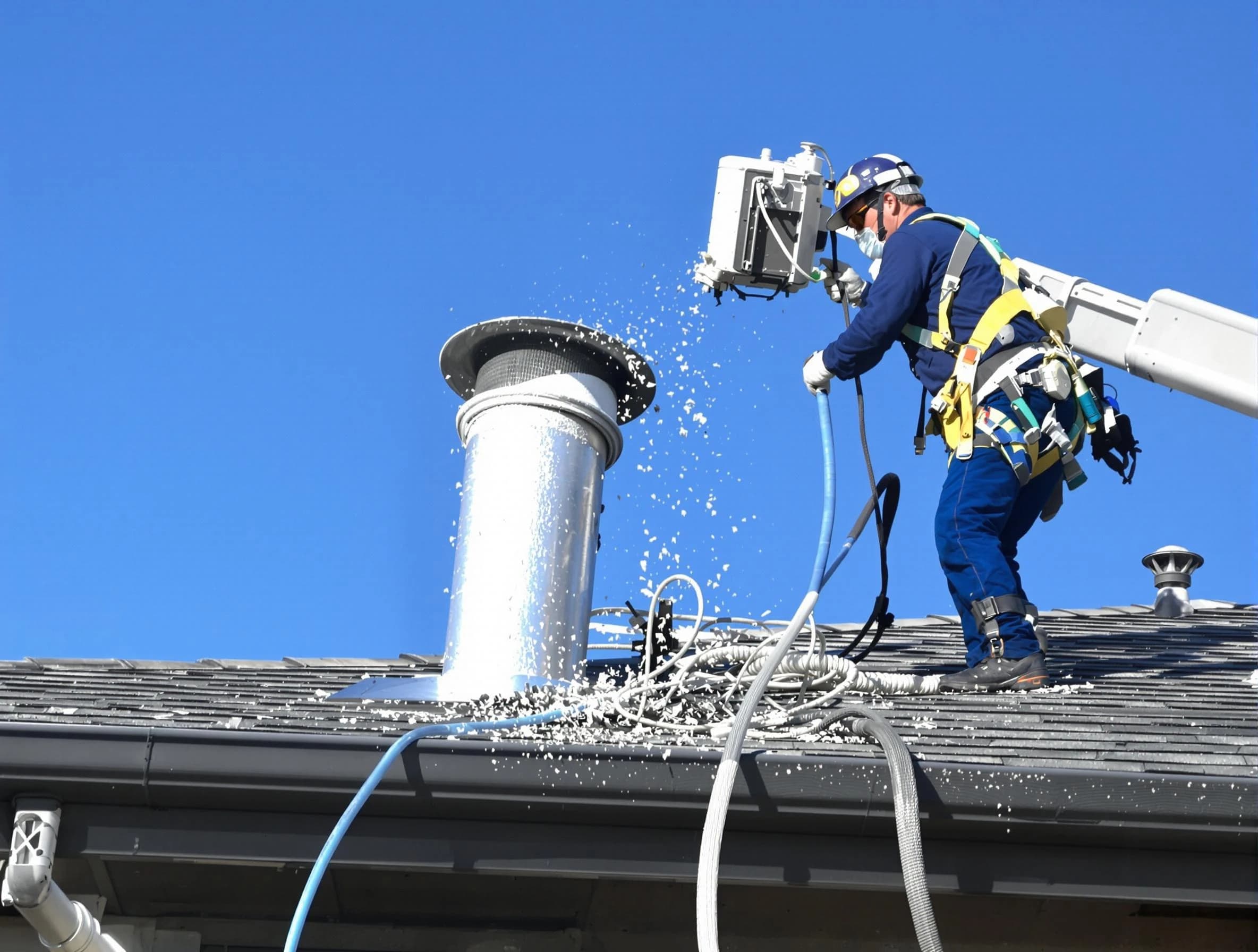 Mount Olive Dryer Vent Cleaning certified technician safely cleaning a roof-mounted dryer vent in Mount Olive