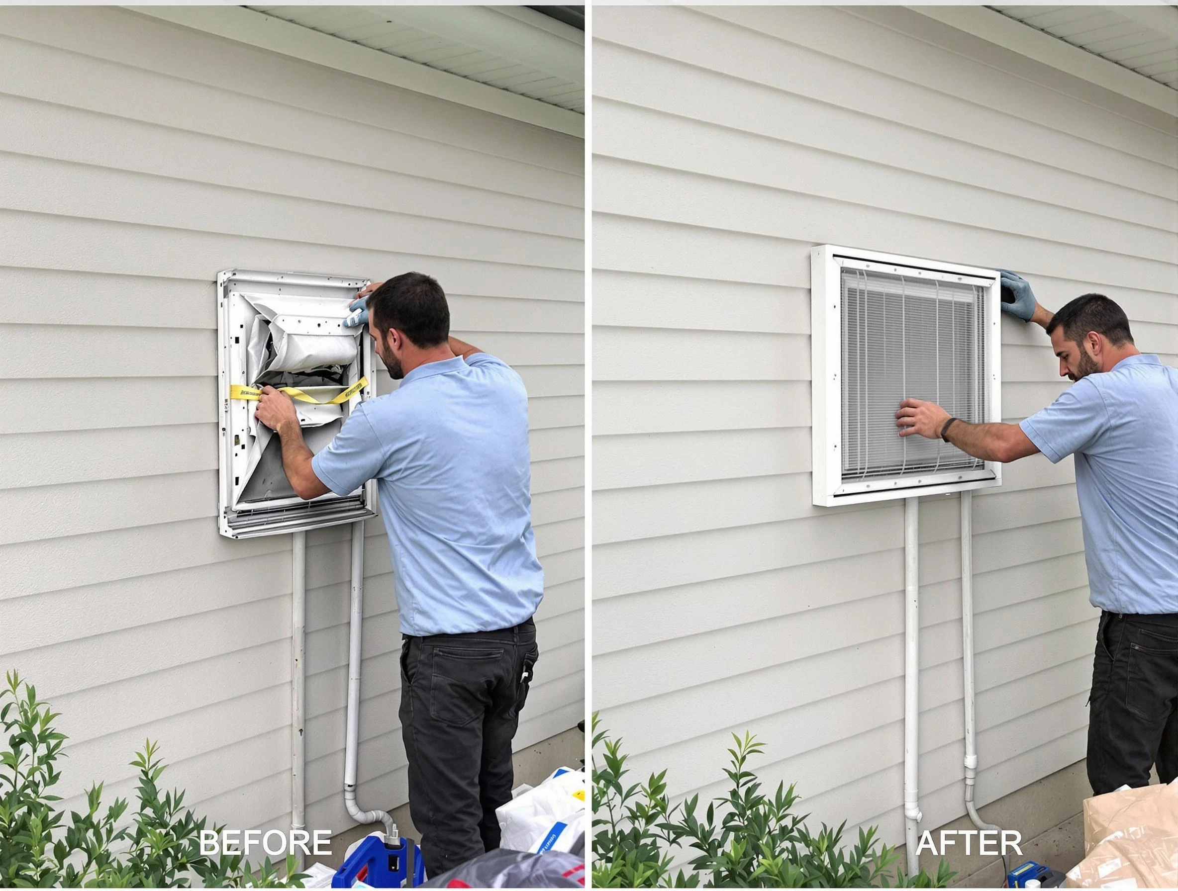 Mount Olive Dryer Vent Cleaning technician installing high-quality dryer vent cover at a residential property in Mount Olive